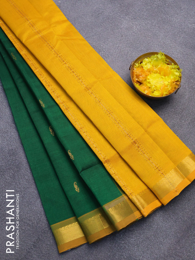 Silk cotton saree green and mustard yellow with zari woven buttas and zari woven border