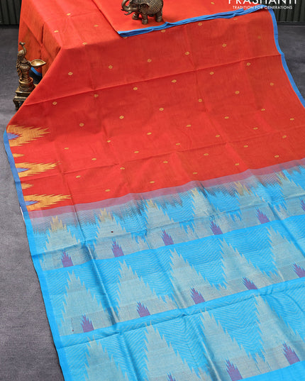Silk cotton saree orange and cs blue with zari woven buttas and temple zari woven border
