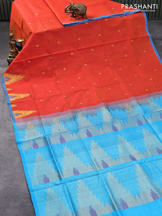 Silk cotton saree orange and cs blue with zari woven buttas and temple zari woven border