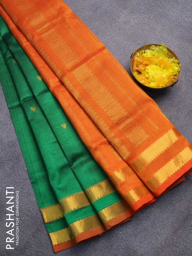 Silk cotton saree green and orange with zari woven buttas and rettapet zari woven border