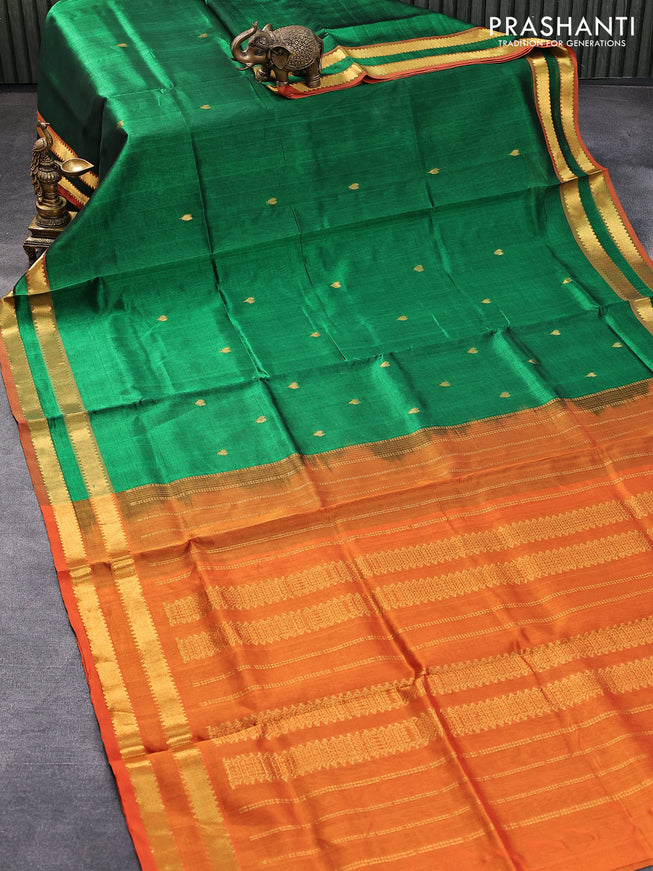 Silk cotton saree green and orange with zari woven buttas and rettapet zari woven border