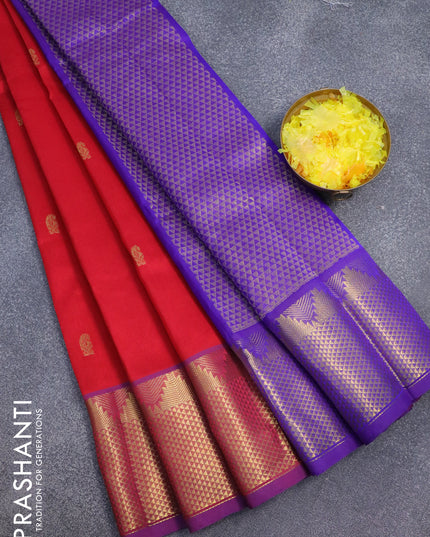 Silk cotton saree red and blue with zari woven paisley buttas and temple zari woven border