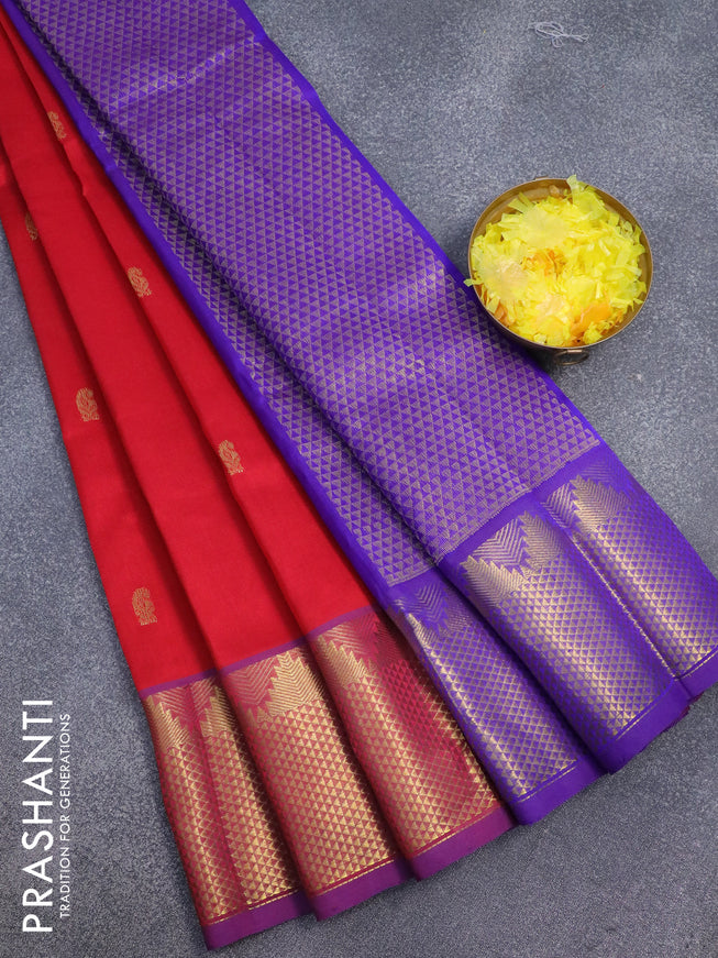 Silk cotton saree red and blue with zari woven paisley buttas and temple zari woven border