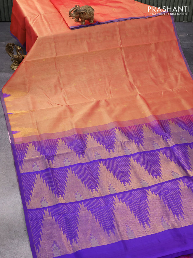 Silk cotton saree dual shade of rust and blue with zari woven buttas and temple zari woven border