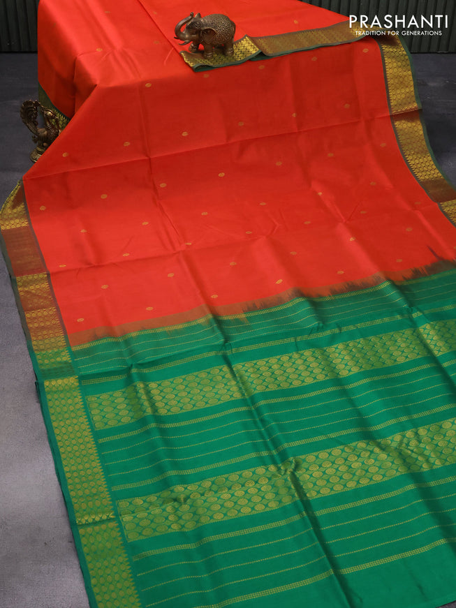 Silk cotton saree dual shade of orange and green with zari woven buttas and rudhraksha zari woven border