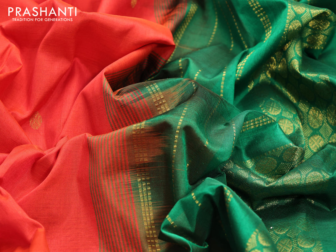 Silk cotton saree dual shade of orange and green with zari woven buttas and rudhraksha zari woven border