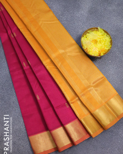 Silk cotton saree dark magenta pink and mango yellow with zari woven buttas and zari woven border