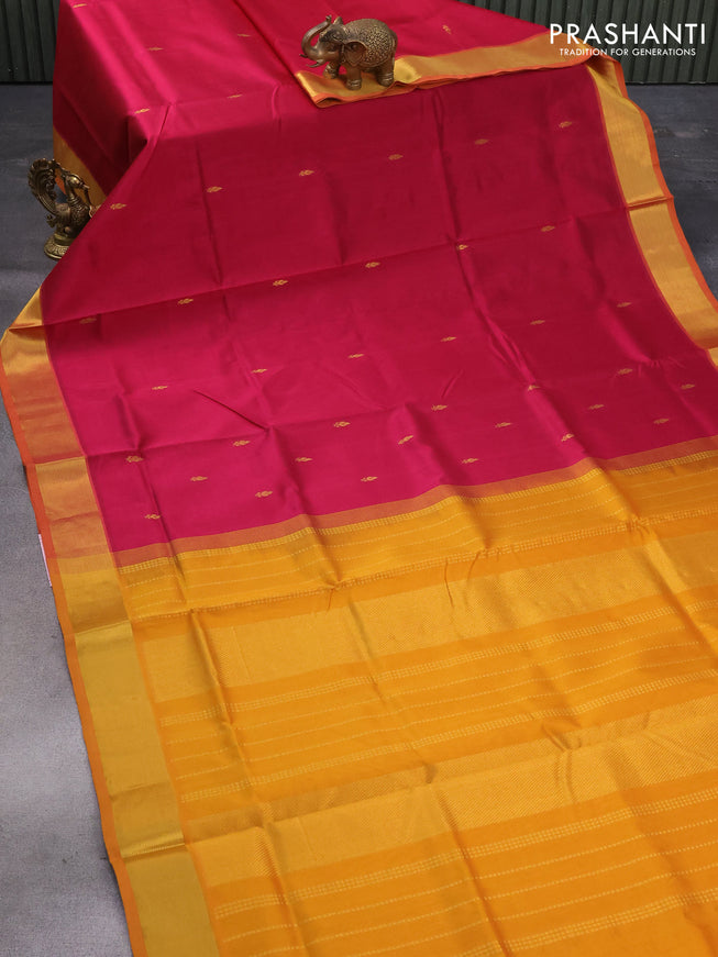 Silk cotton saree dark magenta pink and mango yellow with zari woven buttas and zari woven border