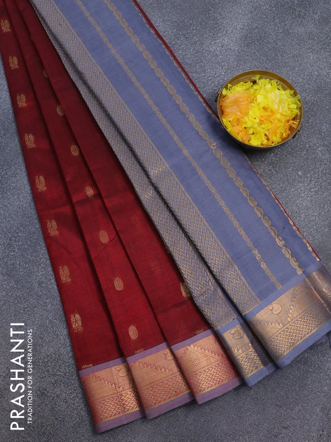 Silk cotton saree maroon and grey with annam & rudhraksha zari woven buttas and zari woven border
