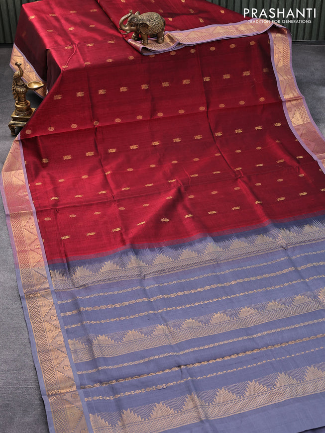 Silk cotton saree maroon and grey with annam & rudhraksha zari woven buttas and zari woven border