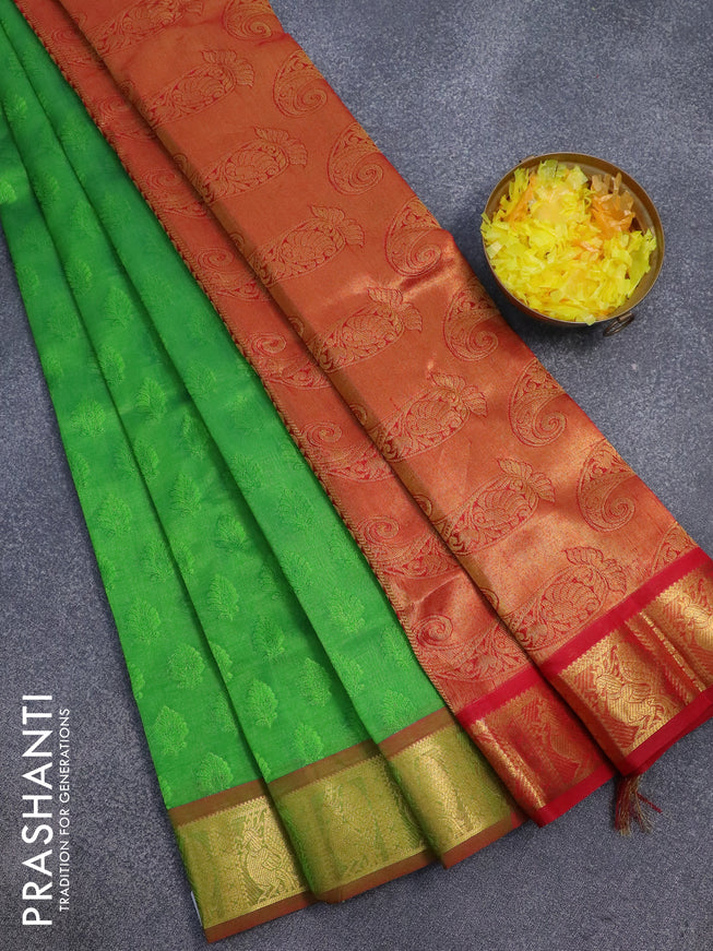 Silk cotton saree green and red with allover self emboss jaquard and annam zari woven border