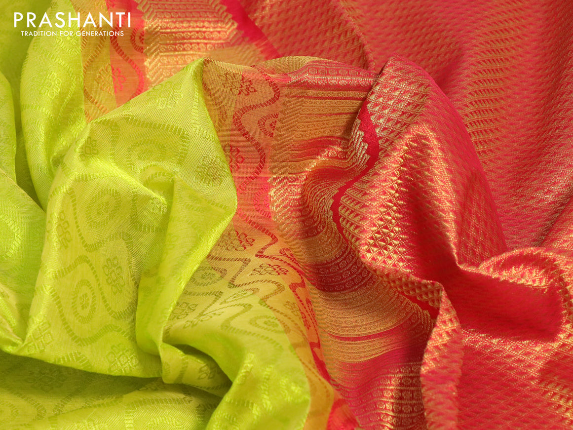 Silk cotton saree lime green and red with allover self emboss jaquard and zari woven border