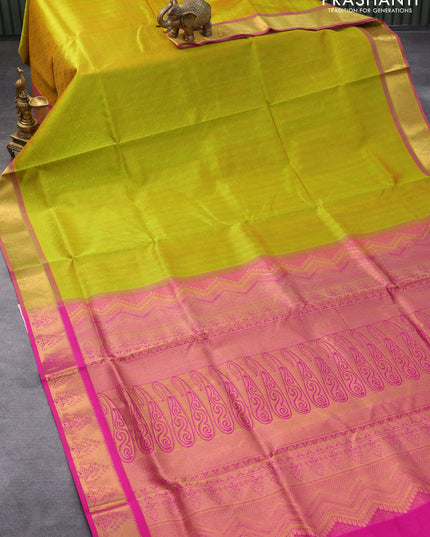 Silk cotton saree dual shade of light green and pink with allover self emboss jaquard and temple zari woven border