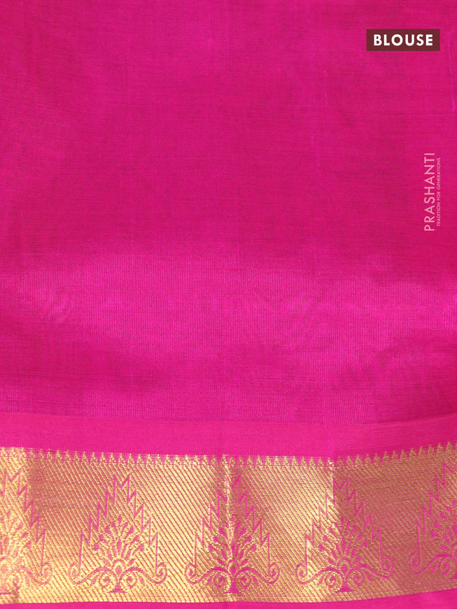 Silk cotton saree dual shade of light green and pink with allover self emboss jaquard and temple zari woven border