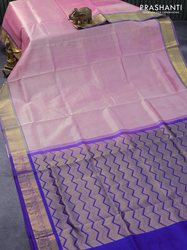 Silk cotton saree pink shade and blue with allover self emboss jaquard and zari woven border