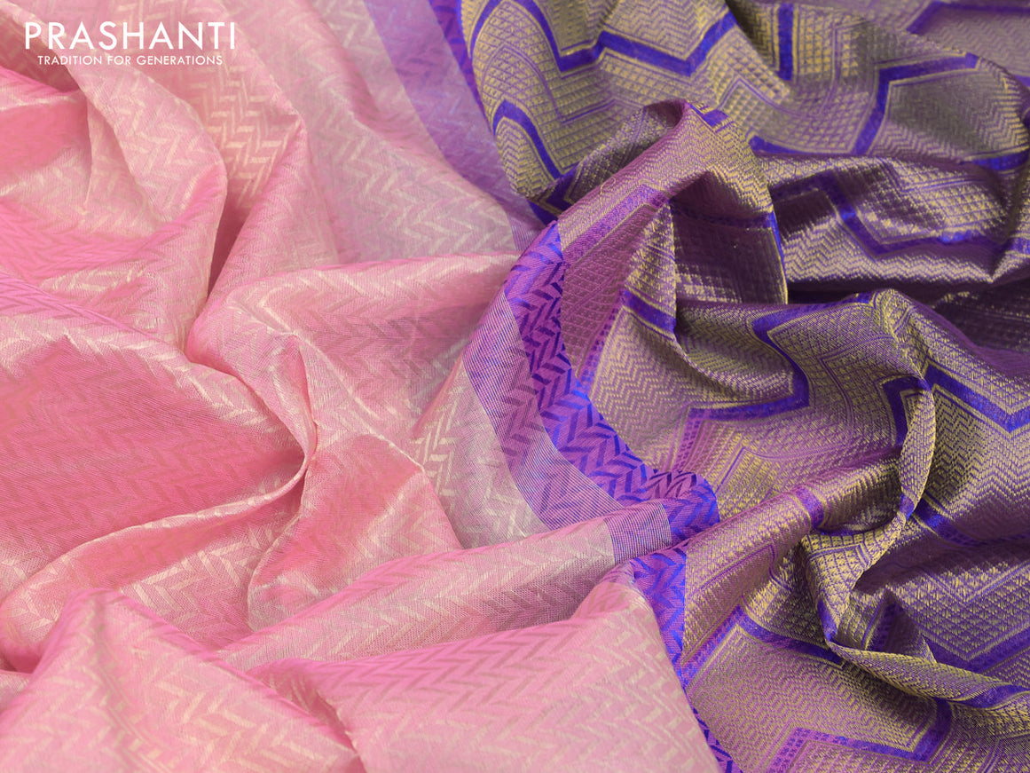 Silk cotton saree pink shade and blue with allover self emboss jaquard and zari woven border