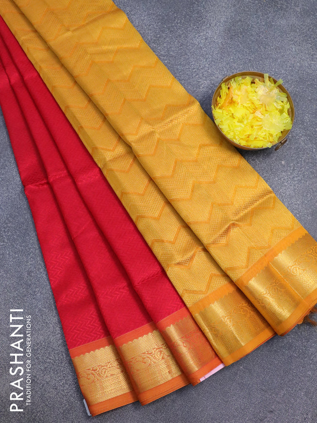 Silk cotton saree red and mustard yellow with allover self emboss jaquard and zari woven border