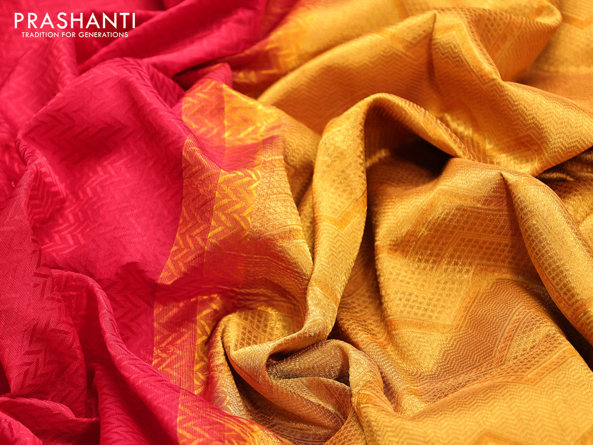Silk cotton saree red and mustard yellow with allover self emboss jaquard and zari woven border