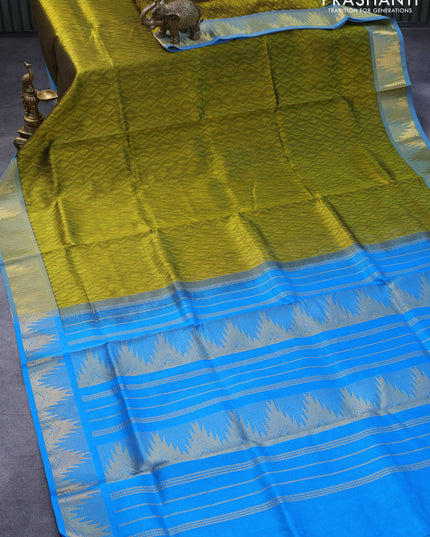 Silk cotton saree mehendi green and light blue with allover self emboss jaquard and temple zari woven border