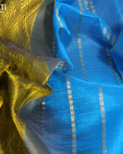 Silk cotton saree mehendi green and light blue with allover self emboss jaquard and temple zari woven border