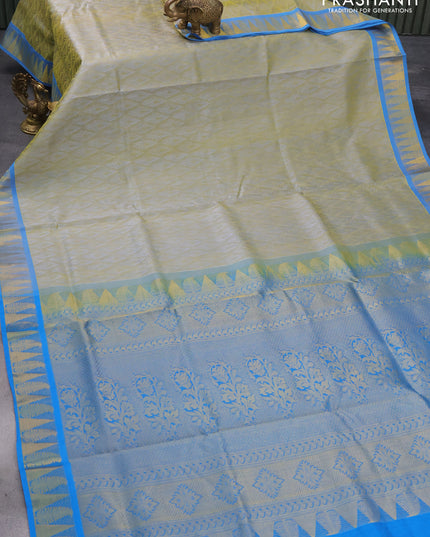 Silk cotton saree dual shade of greyish green and cs blue with allover self emboss jaquard and zari woven border
