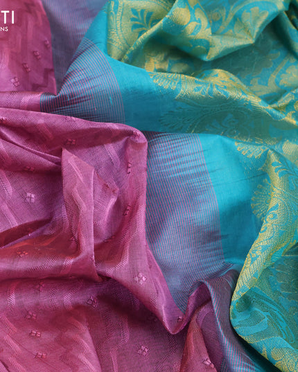 Silk cotton saree mauve pink and teal green with allover self emboss jaquard and zari woven border