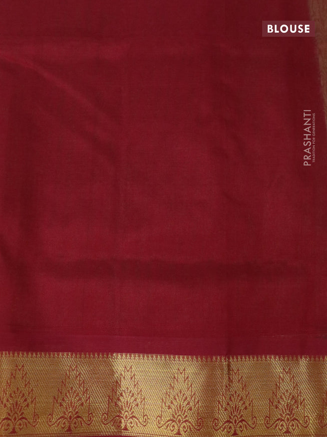 Silk cotton saree light green and maroon with allover self emboss jaquard and temple zari woven border