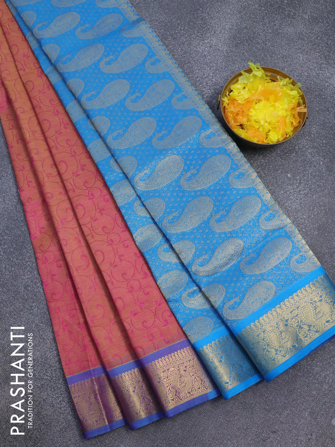 Silk cotton saree dual shade of pinkish yellow and cs blue with allover self emboss jaquard and annam zari woven border