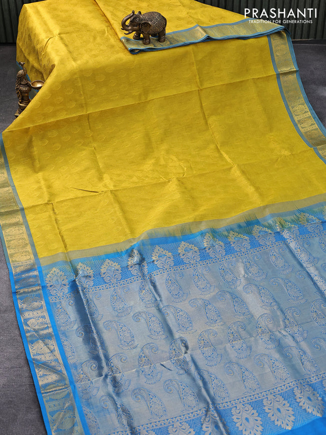 Silk cotton saree lime yellow and cs blue with allover self emboss jaquard and annam zari woven border