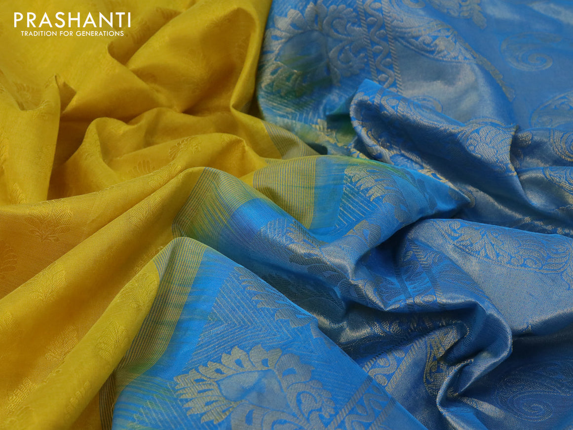Silk cotton saree lime yellow and cs blue with allover self emboss jaquard and annam zari woven border