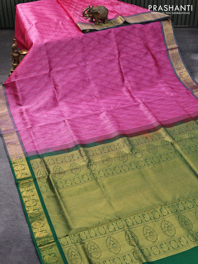 Silk cotton saree pink and green with allover self emboss jaquard and annam & rudhraksha zari woven border