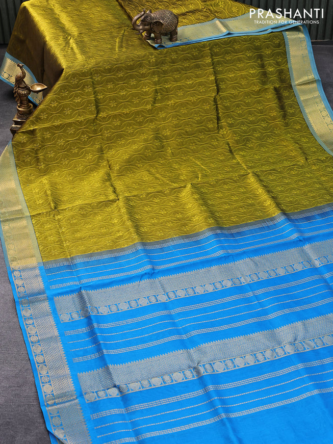 Silk cotton saree olive green and cs blue with allover self emboss jaquard and rich zari woven border