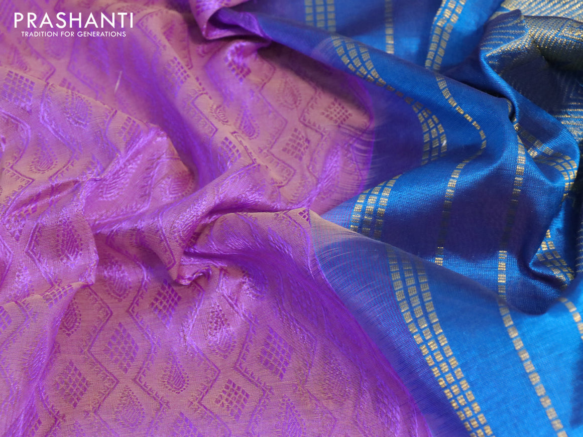 Silk cotton saree dual shade of violet and cs blue with allover self emboss jaquard and temple design zari woven border