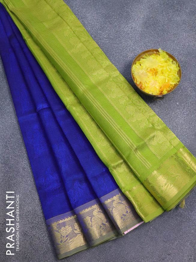 Silk cotton saree blue and light green with allover self emboss jaquard and peacock zari woven border