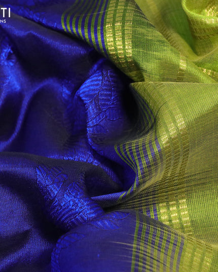 Silk cotton saree blue and light green with allover self emboss jaquard and peacock zari woven border