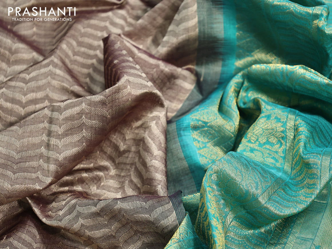 Silk cotton saree beige and teal blue with allover self emboss jaquard and zari woven border