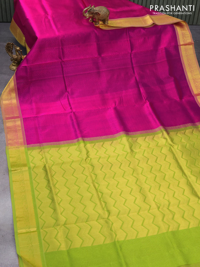 Silk cotton saree magenta pink and light green with allover self emboss jaquard and zari woven border