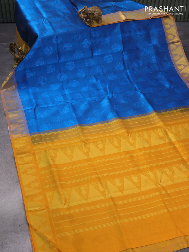 Silk cotton saree cs blue and mustard yellow with allover self emboss jaquard and rich zari woven border