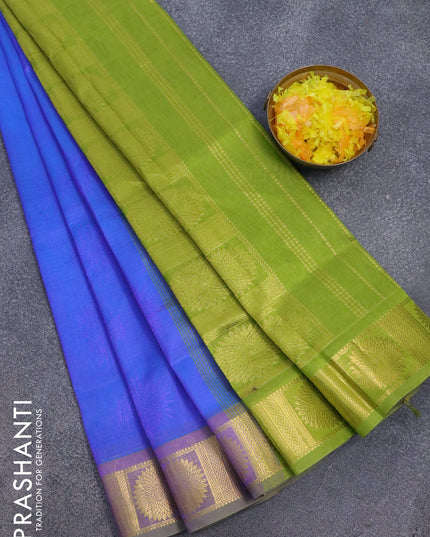 Silk cotton saree dual shade of blue and light green with allover self emboss jaquard and zari woven border