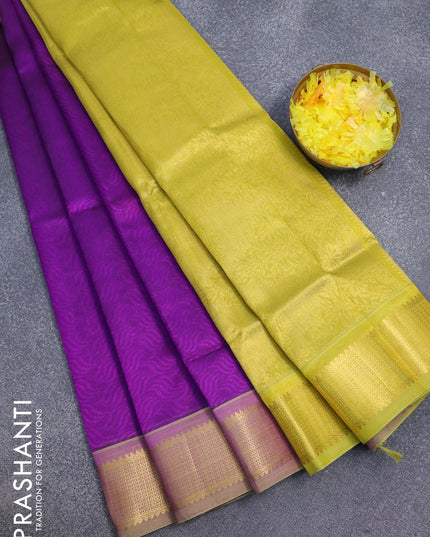Silk cotton saree purple and lime green with allover self emboss jaquard and zari woven border