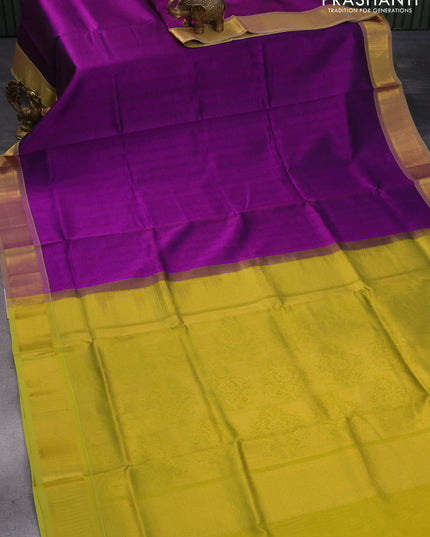 Silk cotton saree purple and lime green with allover self emboss jaquard and zari woven border