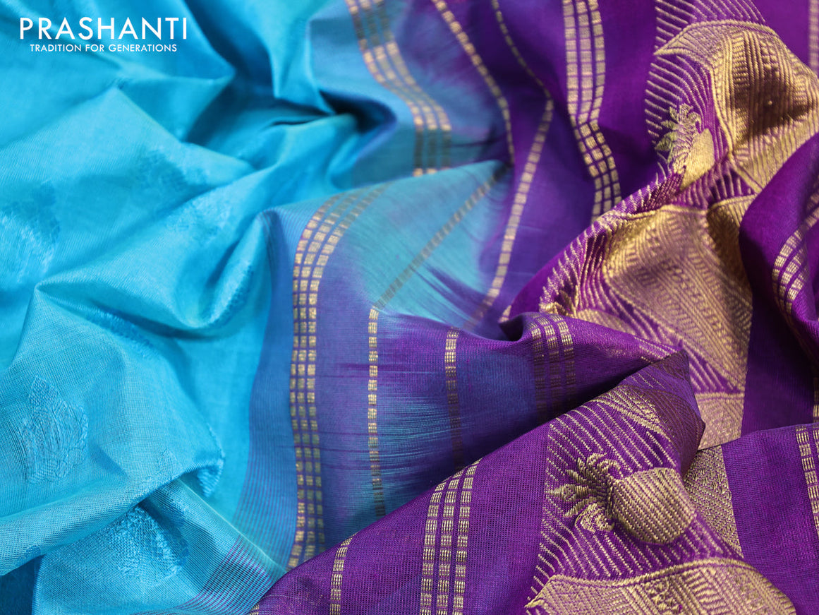 Silk cotton saree blue and violet with allover self emboss jaquard and zari woven border