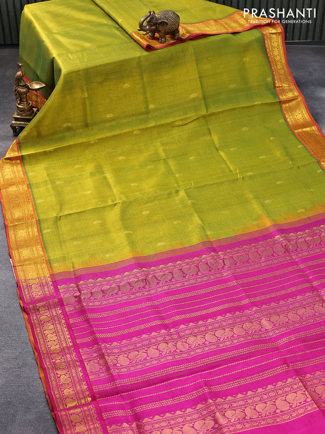 Silk cotton saree light green and pink with allover vairosi pattern & paisley buttas and annam zari woven border