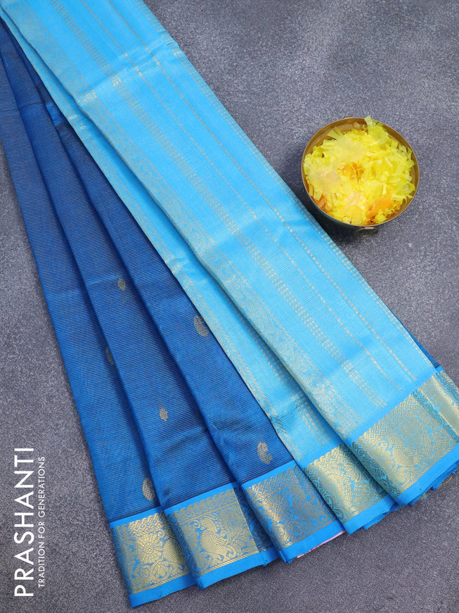 Silk cotton saree peacock blue and light blue with allover vairosi pattern & paisley buttas and annam zari woven border