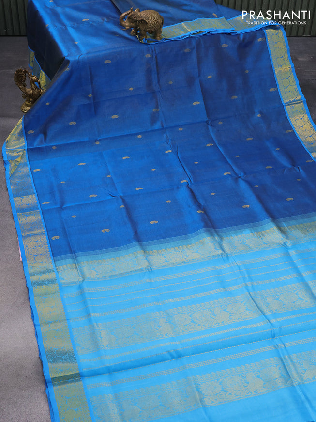 Silk cotton saree peacock blue and light blue with allover vairosi pattern & paisley buttas and annam zari woven border