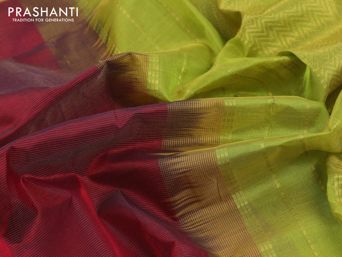 Silk cotton saree maroon and light green with allover vairosi pattern and zari woven border