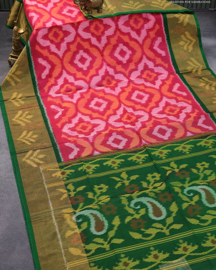 Ikat silk cotton saree pink and green with allover ikat weaves and long ikat woven zari border