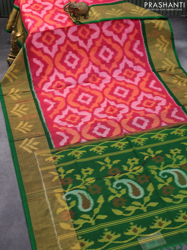Ikat silk cotton saree pink and green with allover ikat weaves and long ikat woven zari border