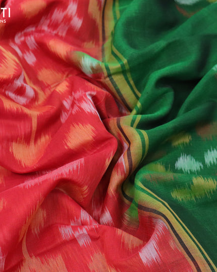 Ikat silk cotton saree red and green with allover ikat weaves and long ikat woven zari border