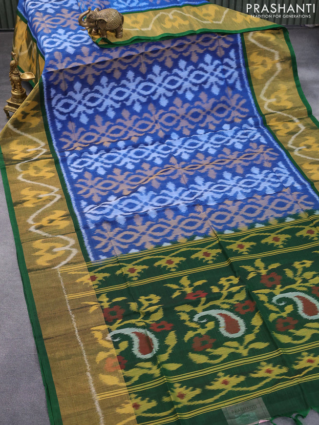 Ikat silk cotton saree blue and dark green with allover ikat weaves and long ikat woven zari border